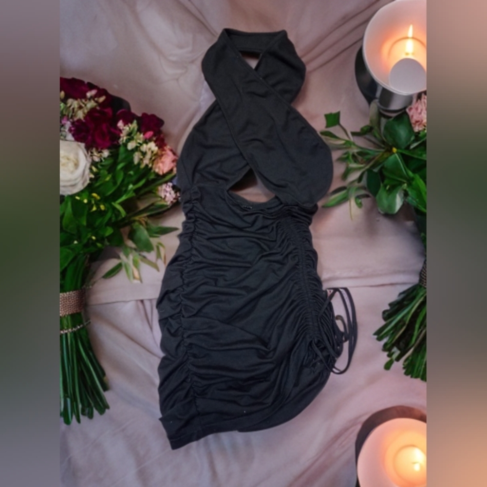 Scrunch side tie mini black dress with Halter wrap style top